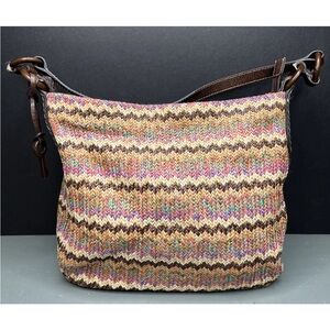 Fossil Womens Shoulder Purse Leather Trim Studded Raffia Weave Straw Multicolor